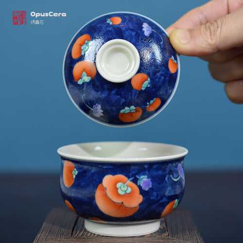 Blue Peony Doucai Tea Bowl - Hand-Enameled Porcelain with Underglaze Blue Outline